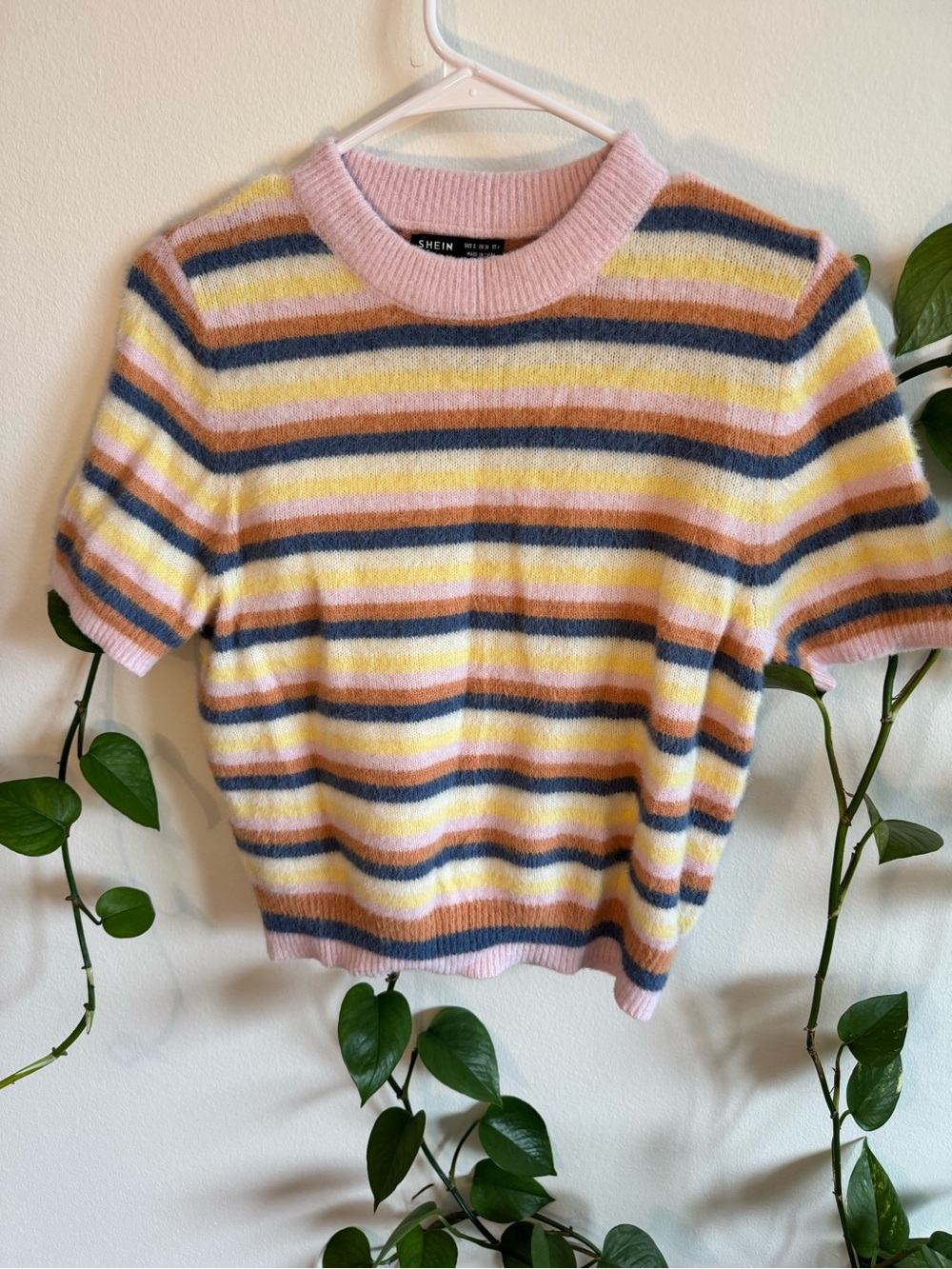 Pink Striped Short Sleeve Knit Sweater